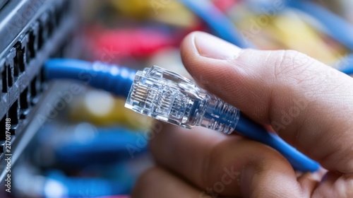 Obraz na płótnie Hand inserting blue ethernet cable into server port