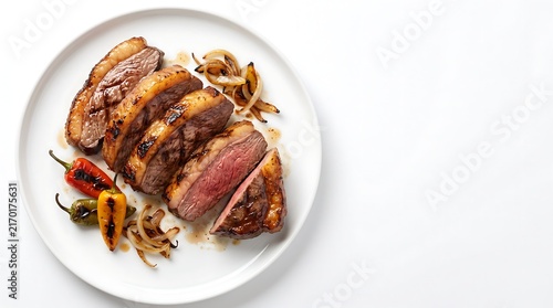 Sliced grilled steak with roasted peppers and onions on a white plate.