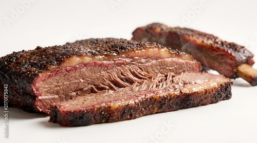 Smoked beef brisket and ribs on a white background.