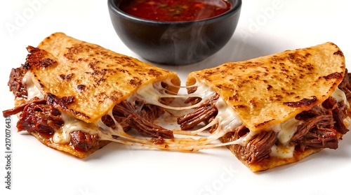 Two crispy birria quesadillas with melted cheese and a side of consomme.