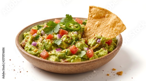 Fresh homemade guacamole in a rustic bowl with a crispy tortilla chip.