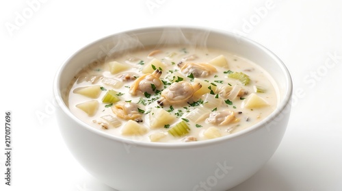 Creamy New England Clam Chowder in a White Bowl.