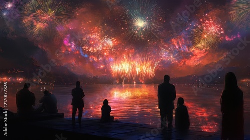 Spectacular Fireworks Display Over Calm Waters with Silhouetted Figures