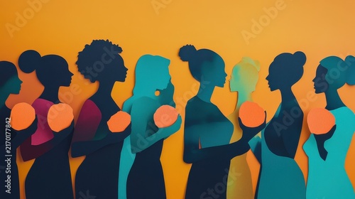 Colorful Silhouettes of Women Holding Oranges Against Vibrant Background