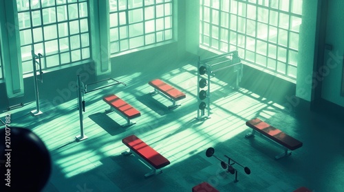 Bright and Spacious Gym Interior with Equipment and Morning Light