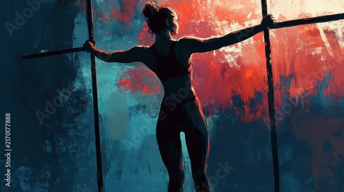 Strong Woman Silhouette Against Colorful Background in Gym Setting