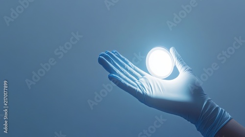 Hand in Glove Holding Round Light Source on Soft Blue Background