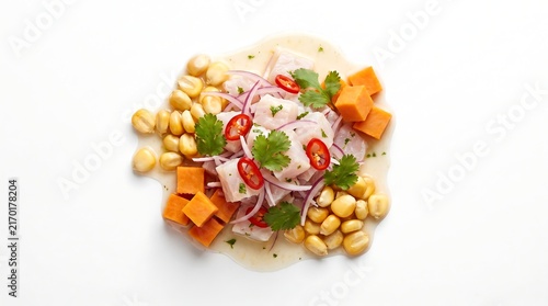 Peruvian ceviche dish with fish corn and sweet potato.
