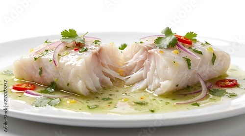 Fresh white fish ceviche served on a white plate.