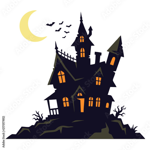 Spooky haunted house on a hill vector illustration under a crescent moon and flying bats with building halloween architecture illustration crescent wildlife isolated background silhouette