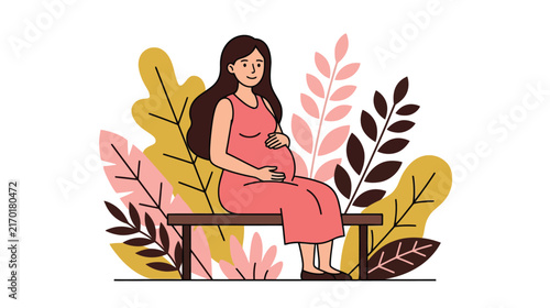 Vector illustration of a happy pregnant woman sitting on a bench with colorful floral background.