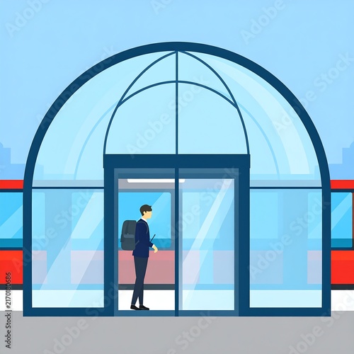 Man walking through modern glass entrance doorway.
