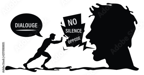 Bild auf Leinwand Man pushing against shouting giant head with text bubble dialogue and no silence