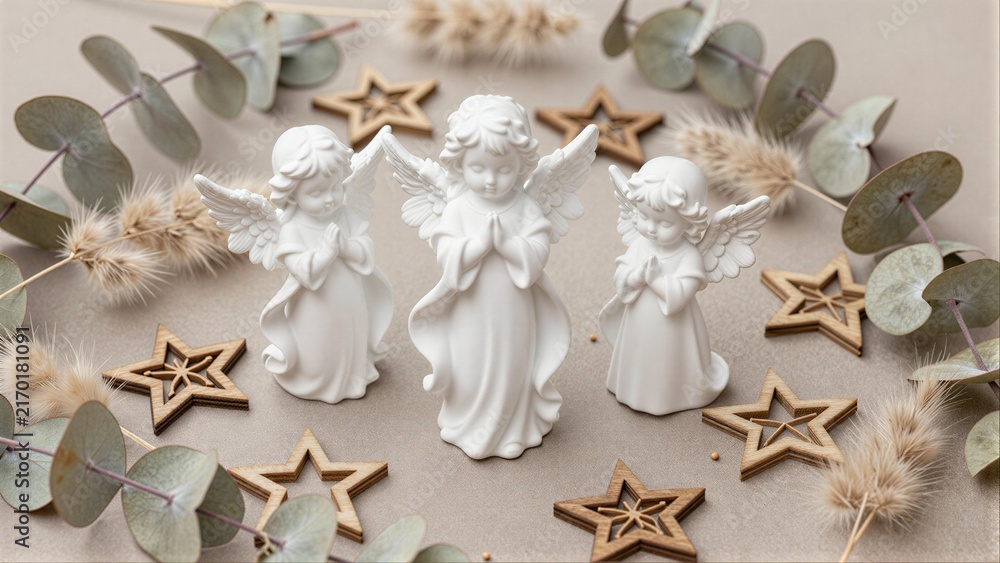 Naklejka premium Three white angel figurines surrounded by wooden stars and dried eucalyptus leaves.