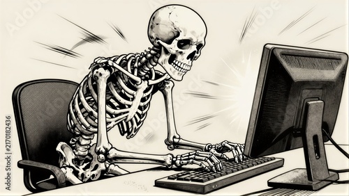 Obraz na płótnie Skeleton types furiously at computer, embodying endless digital work.