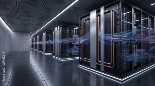 Modern server room racks equipped with liquid copper cooling pipes and glowing vapor streams illustrating advanced heat dissipation in datacenter.