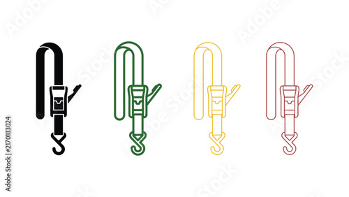 Ratchet strap hook with webbing in various colors during securement applications isolated on white background