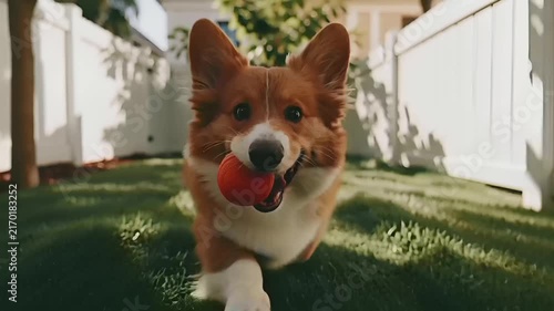 Summer hot vibe lifestyle. A vibrant outdoor portrait of a Pembroke Welsh Corgi dog. The dog is captured midplay, holding a bright orange ball in its mouth. Its fur is a mix of brown and white.