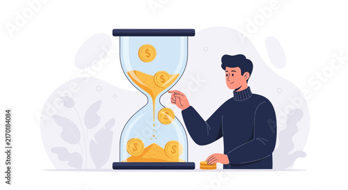 Man with Hourglass Filled with Gold Coins - Time is Money Concept Illustration