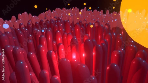 Intestinal Villi Hyperframe: A futuristic 3D digital animation depicting a microscopic view of red intestinal villi with glowing floating particles against a dark background, representing digestion, g