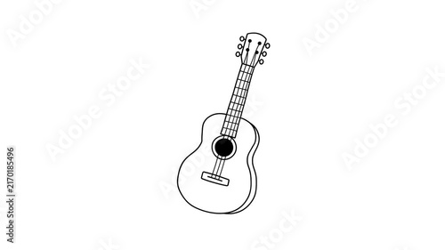 Animated line drawing of a guitar icon, transparent background, black and white concept, 4K video.