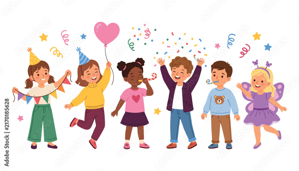 Fototapeta premium Cute Diverse Kids Celebrating Birthday Party with Happy Children Throwing Confetti, Wearing Hats, and Holding Balloons Vector Illustration