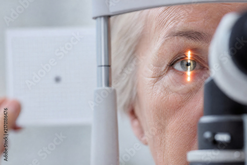 Slit Lamp Eye Examination of an Elderly Woman in Ophthalmology Clinic