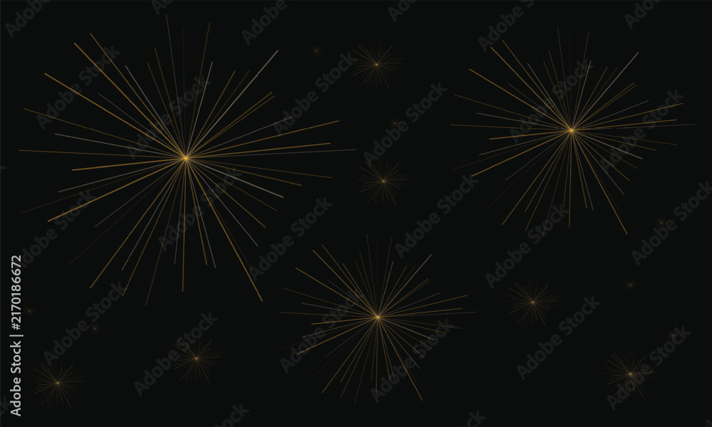 Fototapeta premium Golden firework bursts on a dark black background for festive celebration and holiday greeting card designs