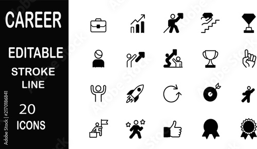 Set of 20 career and business success editable stroke line vector icons