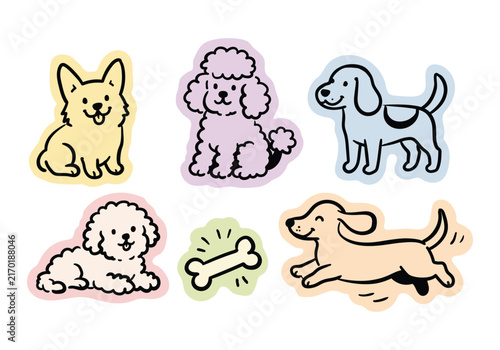 Bild auf Leinwand Cute colorful dog sticker set, featuring various puppy breeds like poodles and a dachshund
