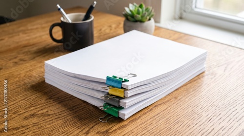 Stack of Office Documents on Wooden Desk Near Window.