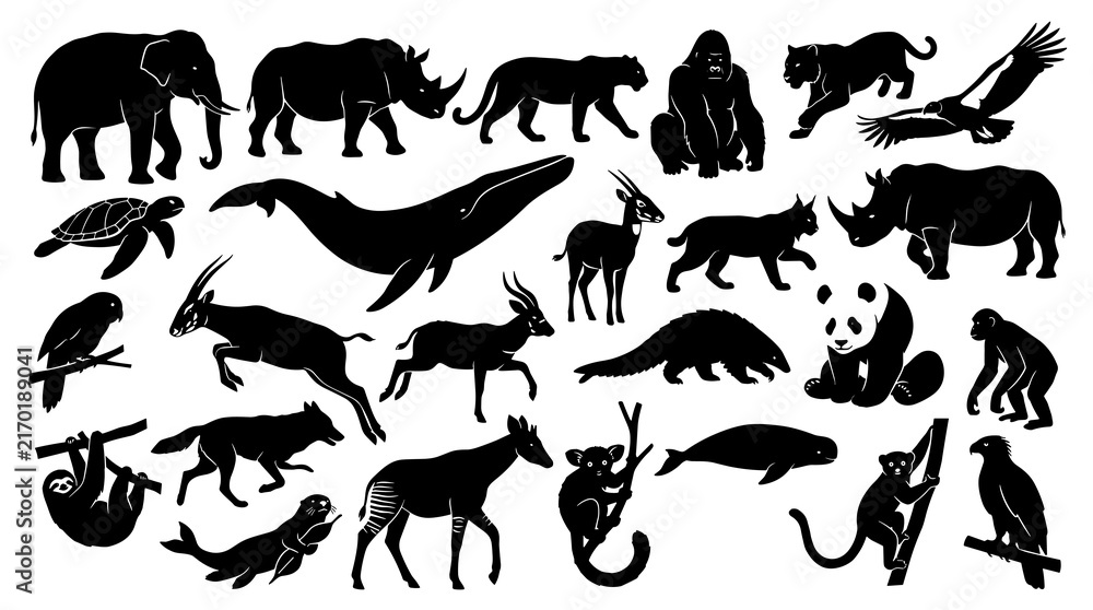 Fototapeta premium Diverse collection of wild animal silhouettes in black vector