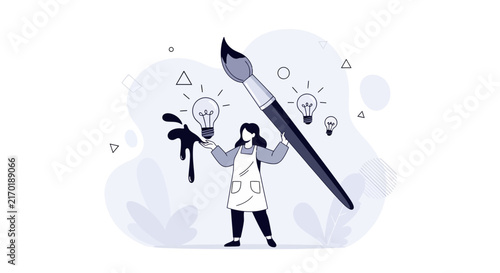 Artist Creates Ideas with Paintbrush and Lightbulbs - Creative Inspiration Concept Vector Illustration