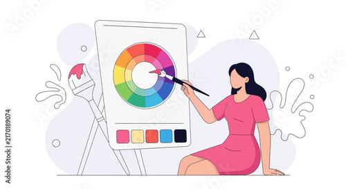 Artist creating art with color wheel and paintbrush, modern vector illustration