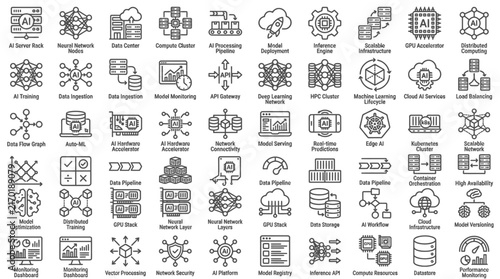 Comprehensive AI Infrastructure Vector Icon Set Featuring Machine Learning Operations and Cloud Computing Architecture Elements