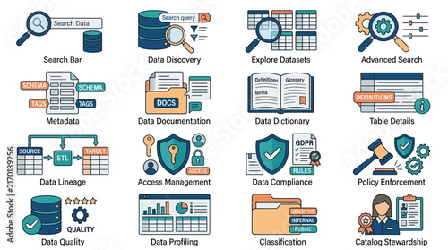 Comprehensive Data Catalog Vector Icon Collection Representing Analytics and Information Management Processes