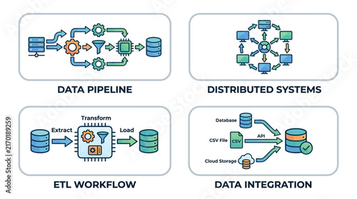 Data Engineering Vector Icon Set Illustrating Modern Information Processing Workflows and Systems Architecture