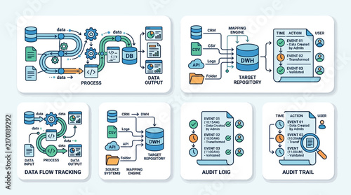 Data Lineage and Information Processing Workflow Vector Icon Set for System Auditing and Analysis