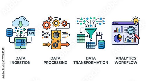 Data Pipeline Vector Icon Collection Illustrating Ingestion Processing Transformation and Analytics Workflow Concepts