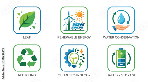 Collection of Sustainability Icons Representing Renewable Energy, Environmental Conservation, and Green Technology