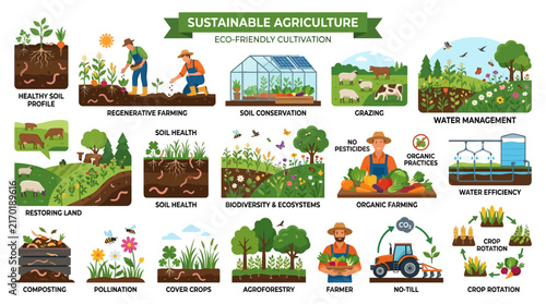 Sustainable agriculture and eco-friendly cultivation infographics set illustrating regenerative farming, soil conservation, and organic practices in vector illustration