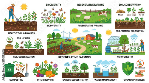 Vector illustration showing regenerative agriculture, sustainable farming, biodiversity, soil conservation, and organic practices.