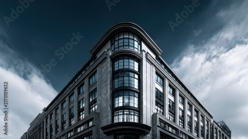 Modern Architectural Building with Cloudy Sky and Dramatic Lighting