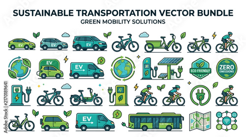 Sustainable Transportation Vector Bundle Featuring Electric Vehicles, Bicycles, and Eco-Friendly Green Mobility Solutions