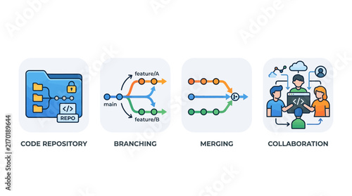 Version Control Icon Collection Illustrating Software Development Workflow Stages of Code Repository Branching Merging and Collaboration