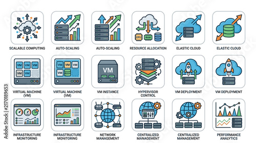 Set of virtual server vector icons representing cloud computing infrastructure, scalable technology, and network management