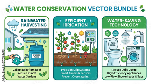 Water Conservation Vector Bundle Infographic Illustrating Sustainable Rainwater Harvesting and Efficient Irrigation Systems
