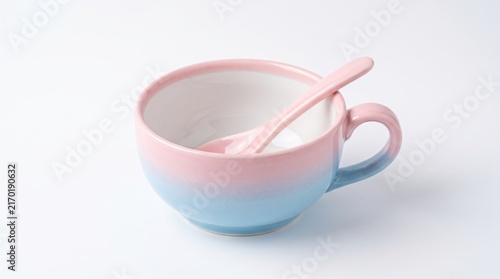 Pastel Pink And Blue Ceramic Cup With Spoon.