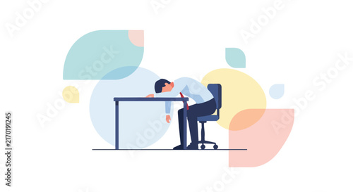 Foto A vector illustration of a tired businessman slumping over his office desk, depicting work burnout and extreme fatigue