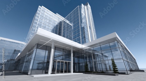 Modern Glass Building with Clean Lines and Bright Blue Sky